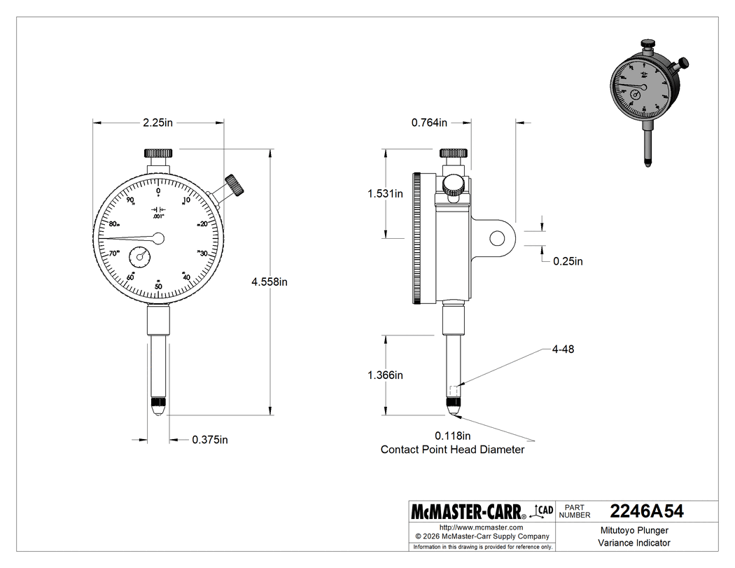 Technical Drawing of Mitutoyo Plunger Variance Indicator, Continuous Dial, Jeweled, Mitutoyo Model 2416A-10.